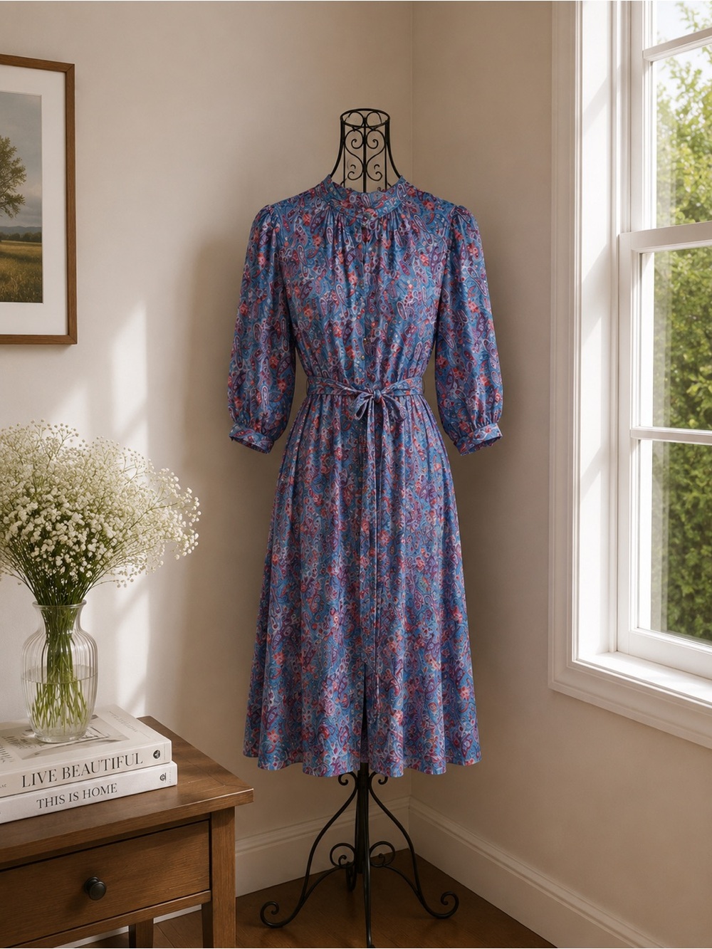 Signor California Vintage Blue Floral Midi Dress with Self-Tie Waist